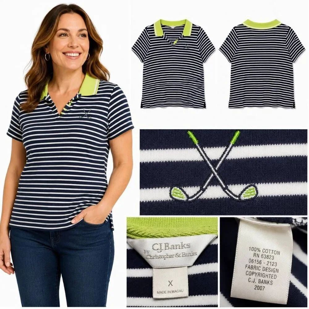 CJ Banks by Christopher & Banks Polo Shirt Navy White Stripe Green Collar 100% C